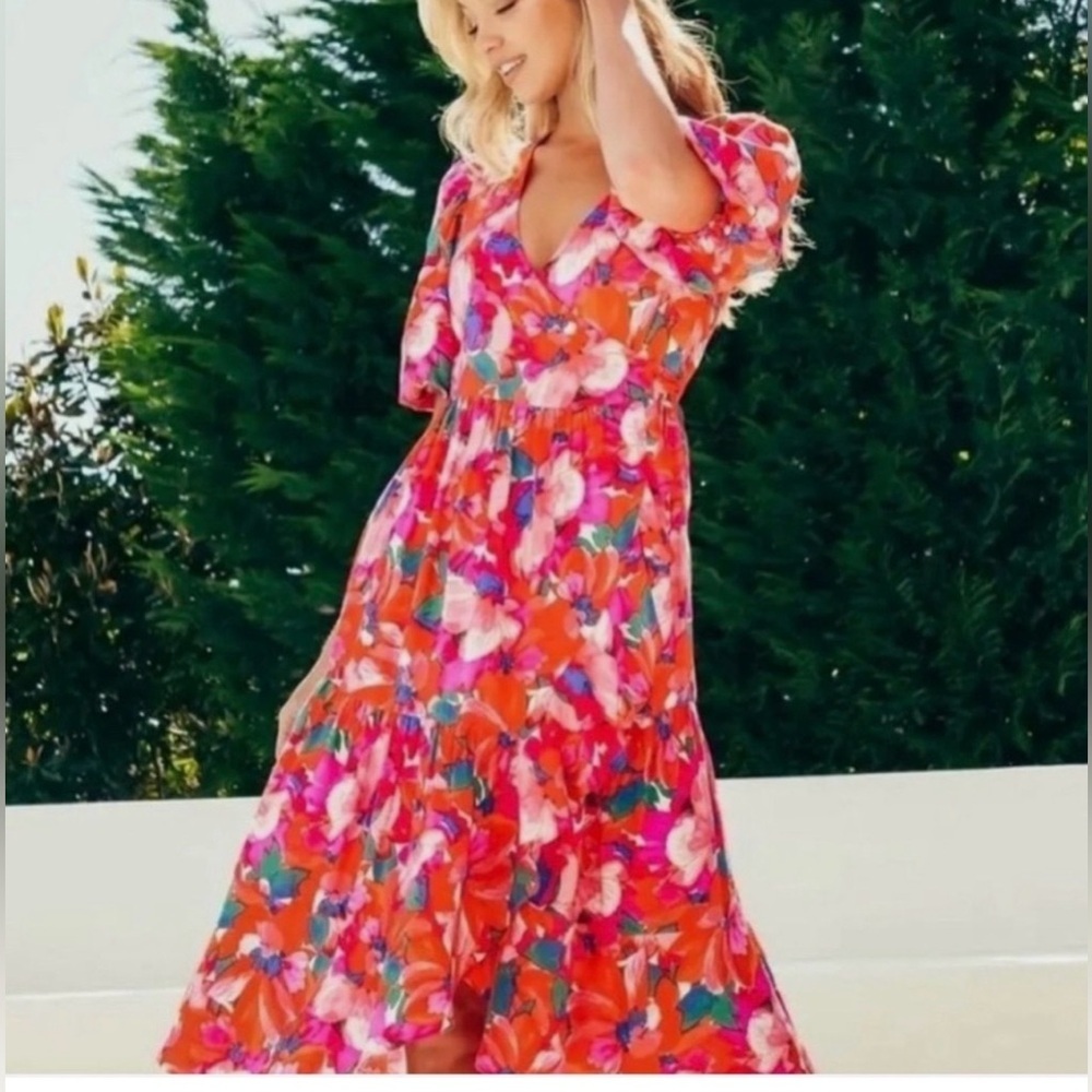 Anthropology Abel the Label Floral Resortwear Midi Dress Pink Red Size L